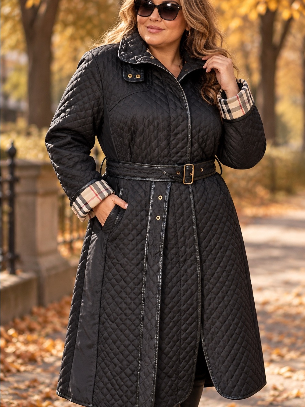 Auth Burberry Black Quilted Long Coat Belted Snap Front Leather Trim XL Vntg Ita